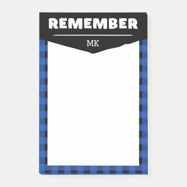 Remember - Blue Buffalo Check Monogrammed Post-it Notes (Front)