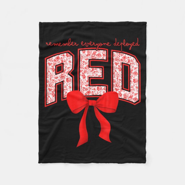 Remember Everyone Deployed RED Bow Toile Military Fleece Blanket (Front)