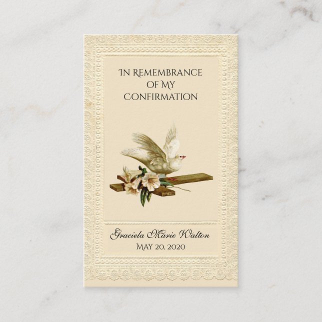 Remembrance Confirmation Gold Dove Cross Lily Lace Business Card (Front)