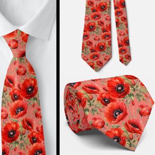Remembrance Day Red Poppies Poppy Floral Neck TIe