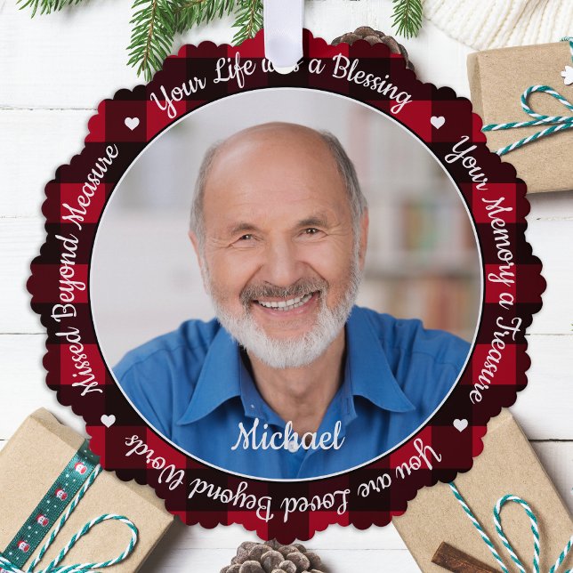 Remembrance Keepsake Red Plaid 2 Photo Memorial Tree Decoration Card (Creator Uploaded)