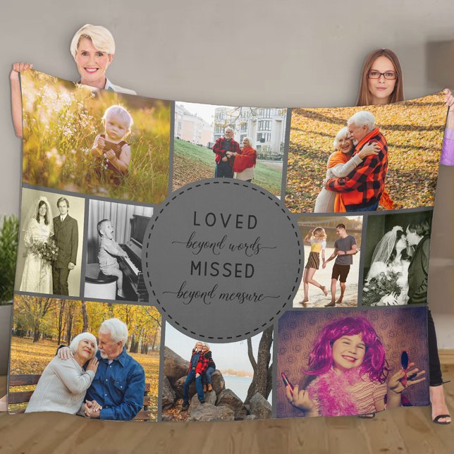Remembrance Photo Collage Loved Beyond Words Grey Fleece Blanket (Creator Uploaded)