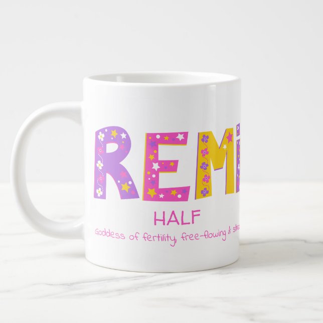 Remi girls name meaning pink purple flower stars large coffee mug (Left)