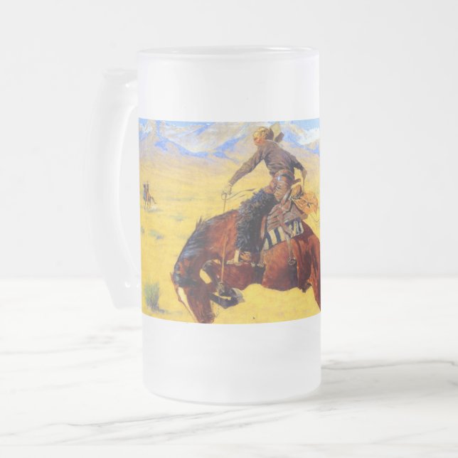 Remington Old West Horse and Cowboy Frosted Glass Beer Mug (Front Left)