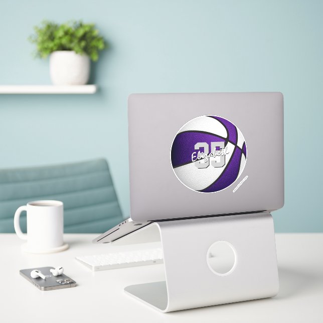removable purple white basketball sports decal (Laptop On Desk)