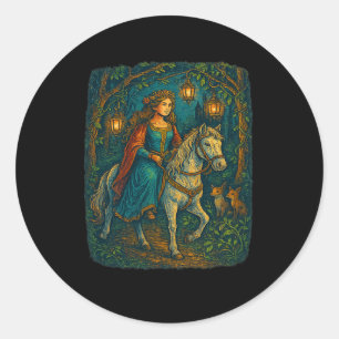 Ren Faire Mediaeval Lady Horseback Riding In Encha Classic Round Sticker