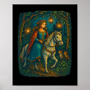 Ren Faire Mediaeval Lady Horseback Riding In Encha Poster