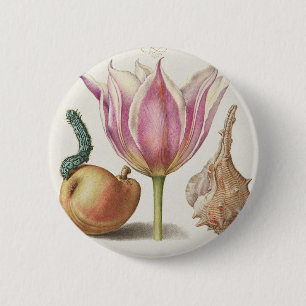 Renaissance Calligraphy Art Pink Tulip and Pear 6 Cm Round Badge