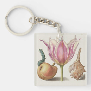 Renaissance Calligraphy Art Pink Tulip and Pear Key Ring