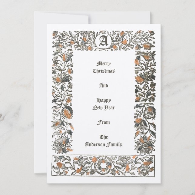 Renaissance Floral Pomegranate Woodblock Christmas Holiday Card (Front)