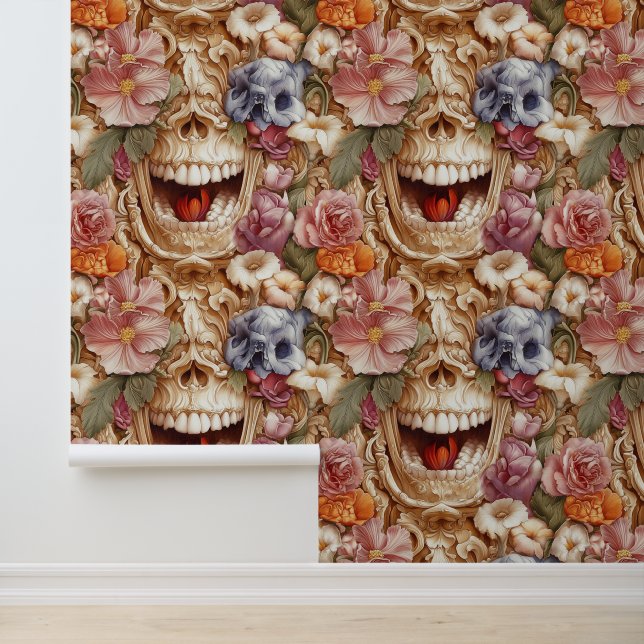Renaissance Flowered Skull Dental Clinic Decor Wallpaper (Application)