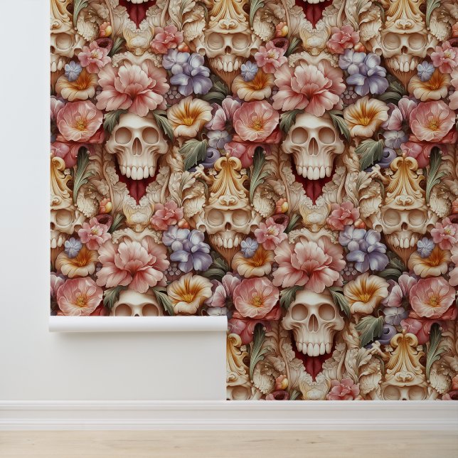 Renaissance Flowered Skull Escape Room Decor Wallpaper (Application)