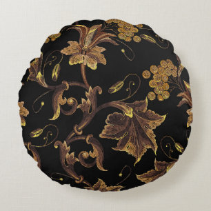 Renaissance Golden Floral Embroidery Pattern Round Cushion