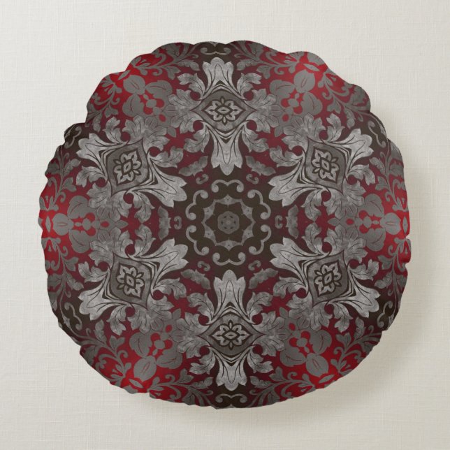 renaissance gothic metallic red and black mandala round cushion (Front)