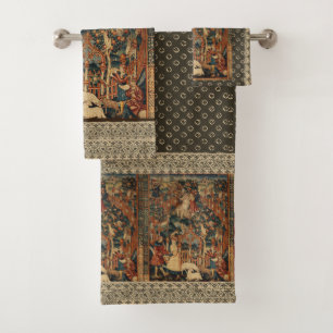  Renaissance Greek Lace Brown Red Beige Bath Towel Set