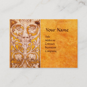 RENAISSANCE GROTESQUE FACE , GOLD FLORAL PARCHMENT BUSINESS CARD