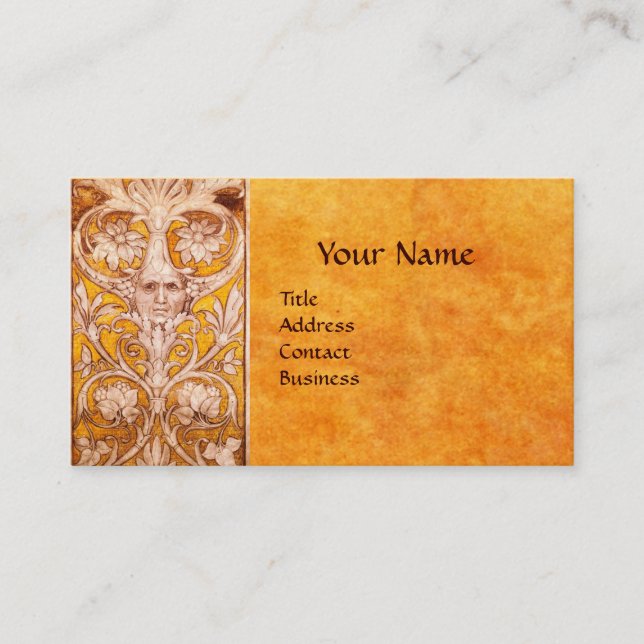 RENAISSANCE GROTESQUE FACE , GOLD FLORAL PARCHMENT BUSINESS CARD (Front)