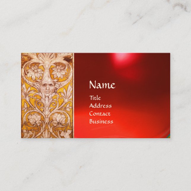 RENAISSANCE GROTESQUE FACE , GOLD FLORAL ,RED RUBY BUSINESS CARD (Front)
