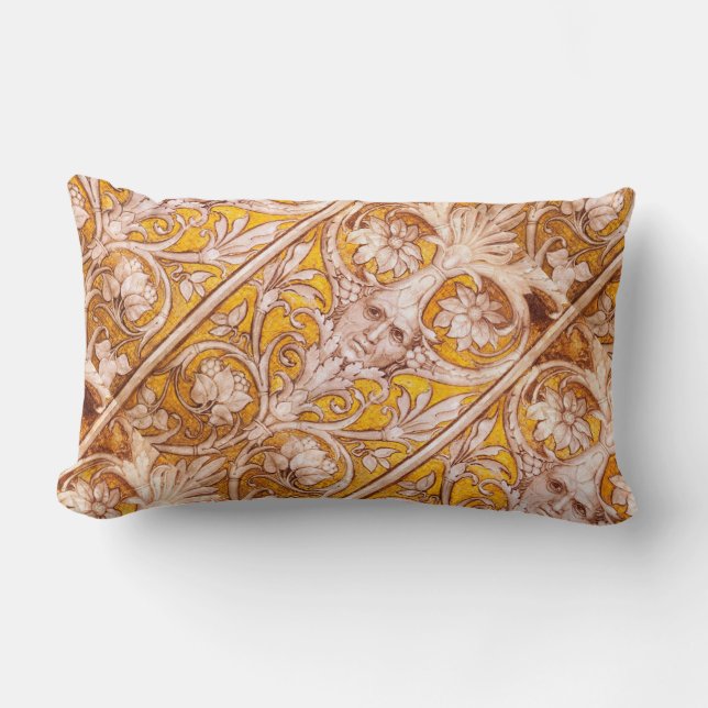 RENAISSANCE GROTESQUE FACE , GOLD WHITE FLORAL LUMBAR CUSHION (Front)