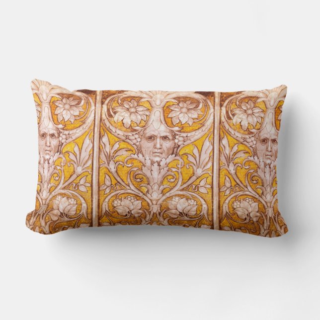 RENAISSANCE GROTESQUE FACE , GOLD WHITE FLORAL LUMBAR CUSHION (Front)