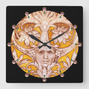 RENAISSANCE GROTESQUE FACE WITH GOLD WHITE FLORAL SQUARE WALL CLOCK
