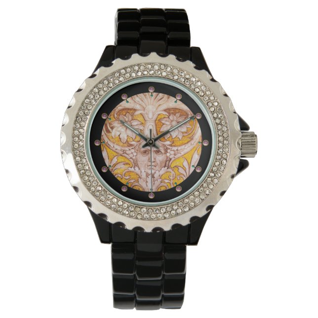 RENAISSANCE GROTESQUE FACE WITH GOLD WHITE FLORAL WATCH (Front)