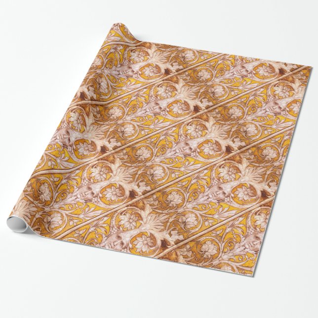 RENAISSANCE GROTESQUE FACE WITH GOLD WHITE FLORAL WRAPPING PAPER (Unrolled)