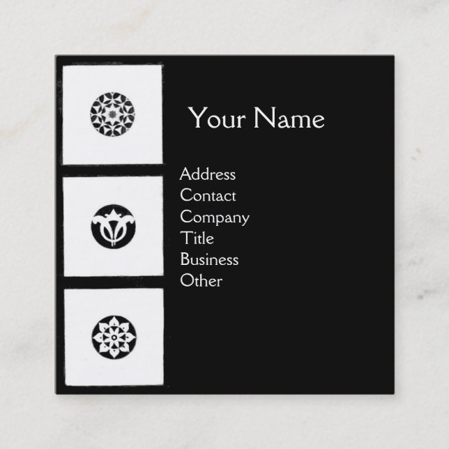 RENAISSANCE HARMONY Black White Geometric Floral Square Business Card (Front)