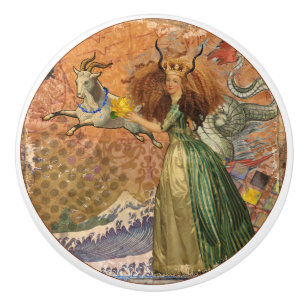 Renaissance Lady Capricorn Fantasy Vintage Zodiac Ceramic Knob