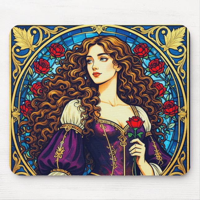 Renaissance lady with rose mouse mat (Front)