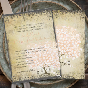 Renaissance Mediaeval Coral Heart Leaf Tree Weddin Invitation