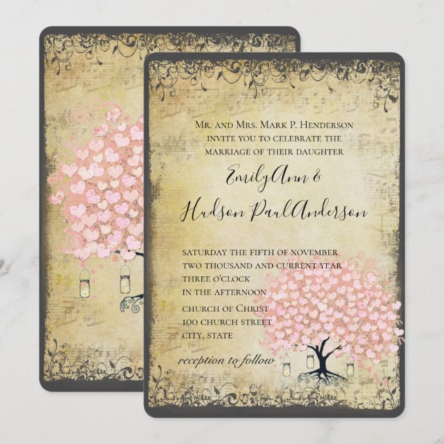 Renaissance Mediaeval Pink Heart Leaf  Tree Weddin Invitation (Front/Back)