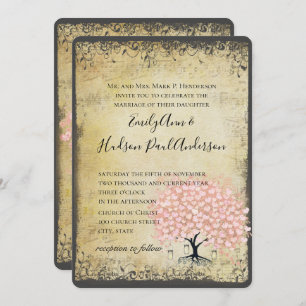 Renaissance Mediaeval Pink Heart Leaf  Tree Weddin Invitation