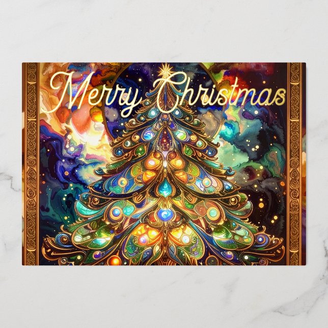 Renaissance Merry Christmas Tree Gold Foil Holiday Card (Front)
