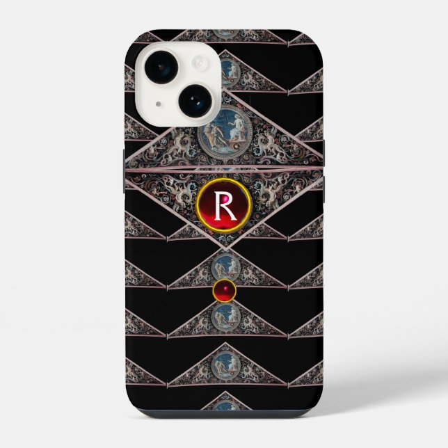 RENAISSANCE MONOGRAM, RED RUBY GEM STONES Black iPhone Case (Back)