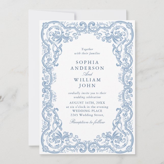 Renaissance Ornate Dust Blue Wedding QR code Invitation (Front)