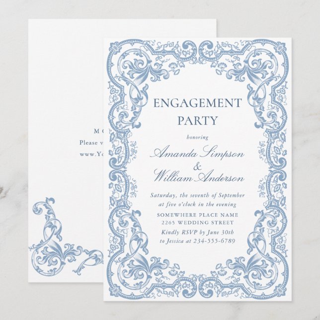 Renaissance Ornate Dusty Blue ENGAGEMENT PARTY Invitation (Front/Back)