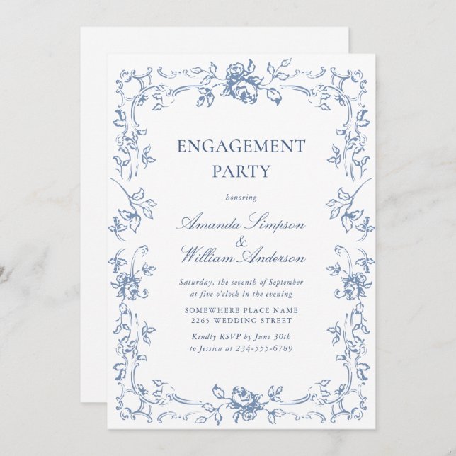 Renaissance Ornate Dusty Blue ENGAGEMENT PARTY Invitation (Front/Back)