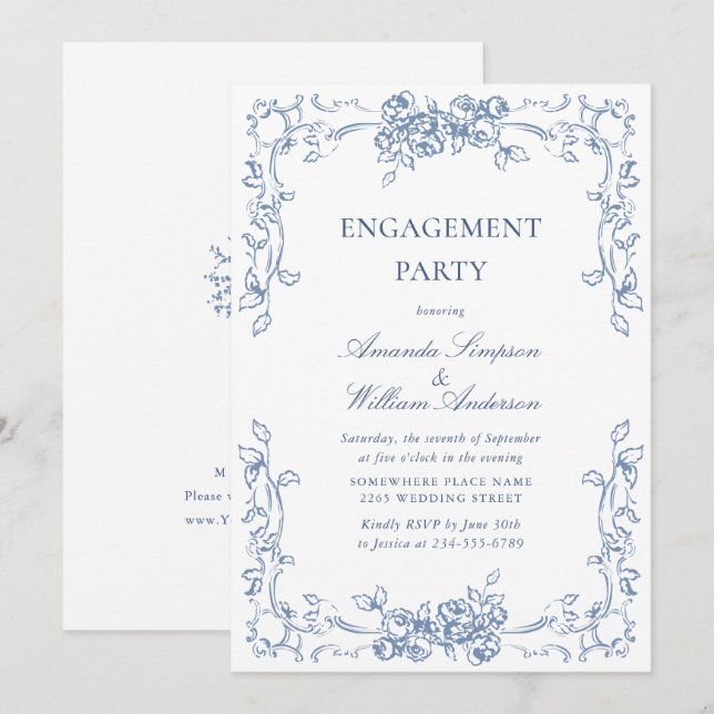 Renaissance Ornate Dusty Blue ENGAGEMENT PARTY Invitation (Front/Back)