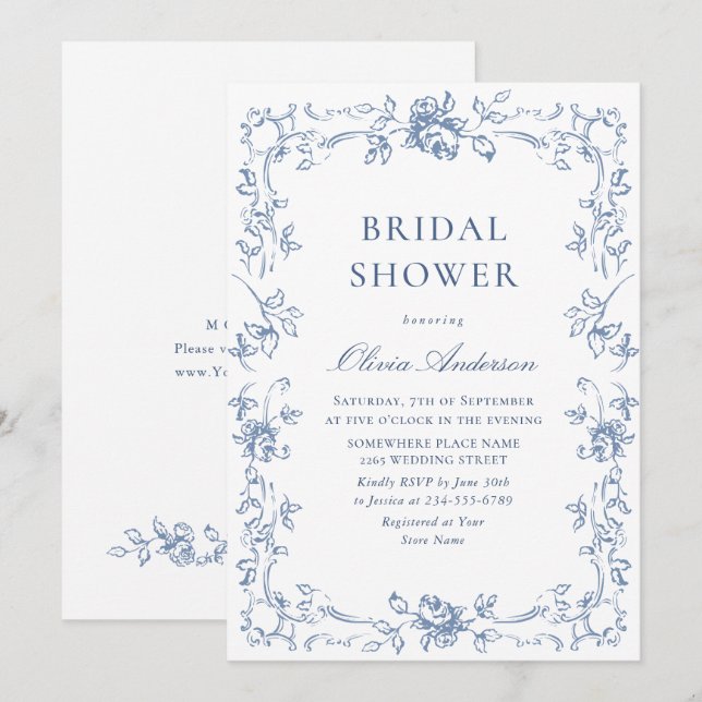 Renaissance Ornate Dusty Blue Floral Bridal Shower Invitation (Front/Back)