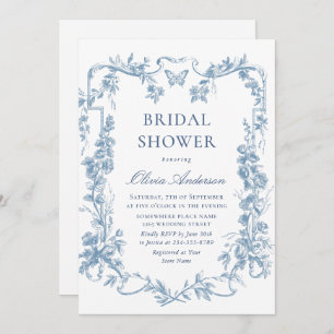 Renaissance Ornate Dusty Blue Floral Bridal Shower Invitation