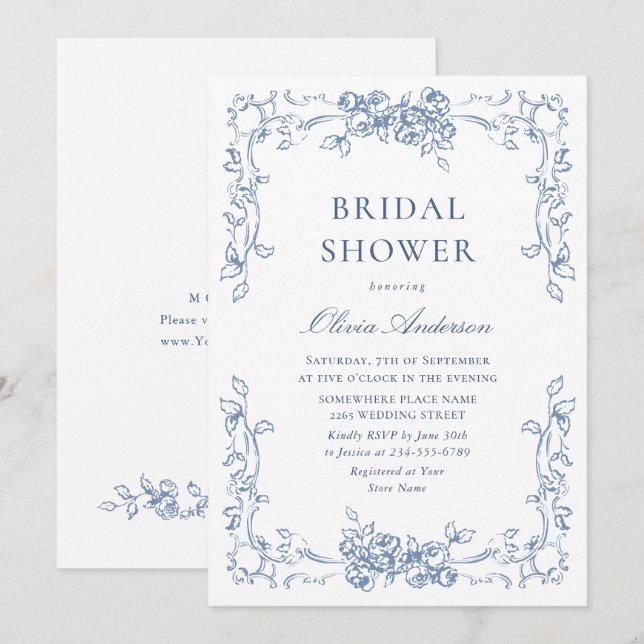 Renaissance Ornate Dusty Blue Floral Bridal Shower Invitation (Front/Back)