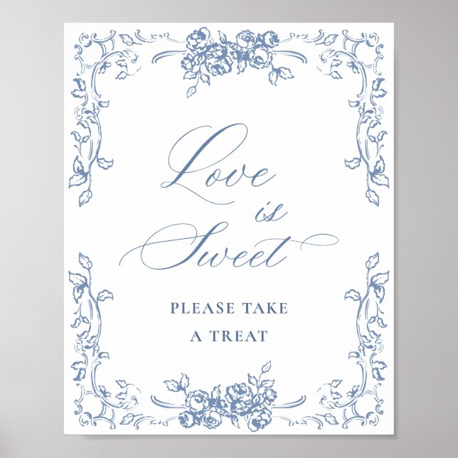 Renaissance Ornate Dusty Blue Floral Love is Sweet Poster (Front)