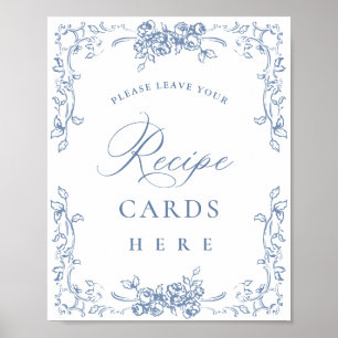 Renaissance Ornate Dusty Blue Floral Recipe Cards Poster