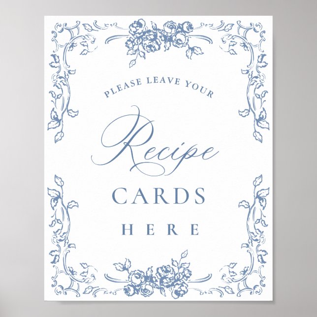 Renaissance Ornate Dusty Blue Floral Recipe Cards Poster (Front)