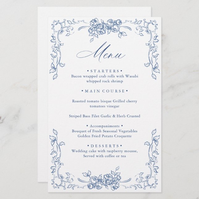 Renaissance Ornate Dusty Blue Floral Wedding Menu (Front/Back)