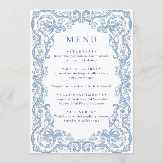Renaissance Ornate Dusty Blue Floral Wedding Menu (Front)