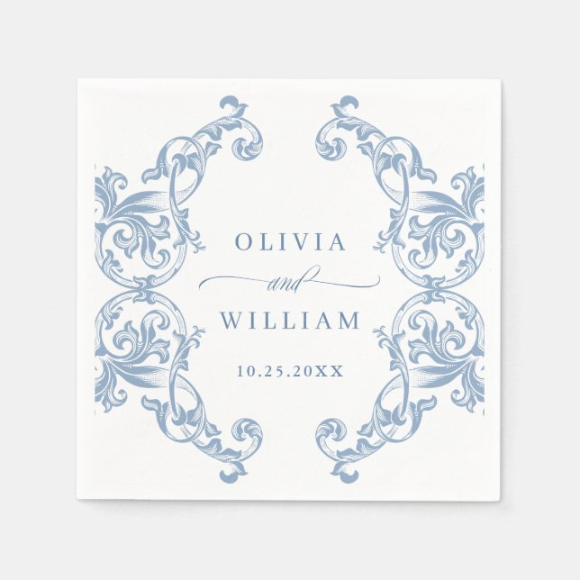 Renaissance Ornate Dusty Blue Floral Wedding Napkin (Front)