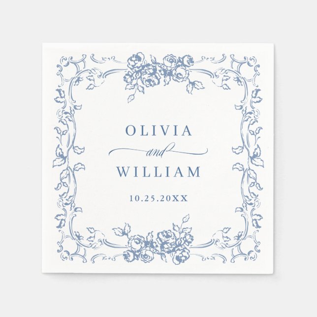 Renaissance Ornate Dusty Blue Floral Wedding Napkin (Front)