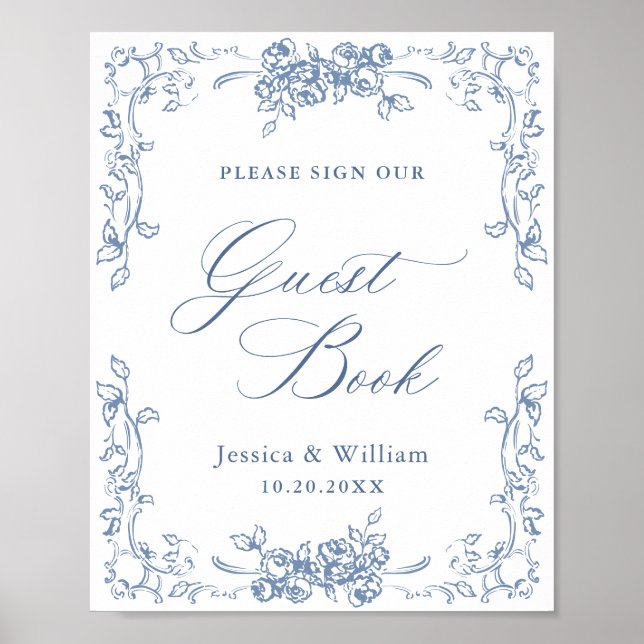 Renaissance Ornate Dusty Blue Guestbook Sign (Front)